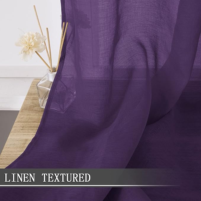 Tollpiz Short Sheer Curtain Living Room Linen Textured Curtains Sheer Light Filtering Voile Rod Pocket Curtain for Bedroom, 38 x 54 inches Long, Royal Purple, Set of 2 Panels