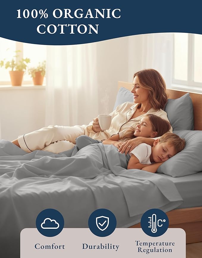 LANE LINEN 100% Organic Cotton Mercerized Queen Sheets, Soft & Comfy Naturally Cooling Cotton Sheets Queen Size Set, Classic Percale Weave Low Pill Fade Resistant Queen Bed Sheets- Silver