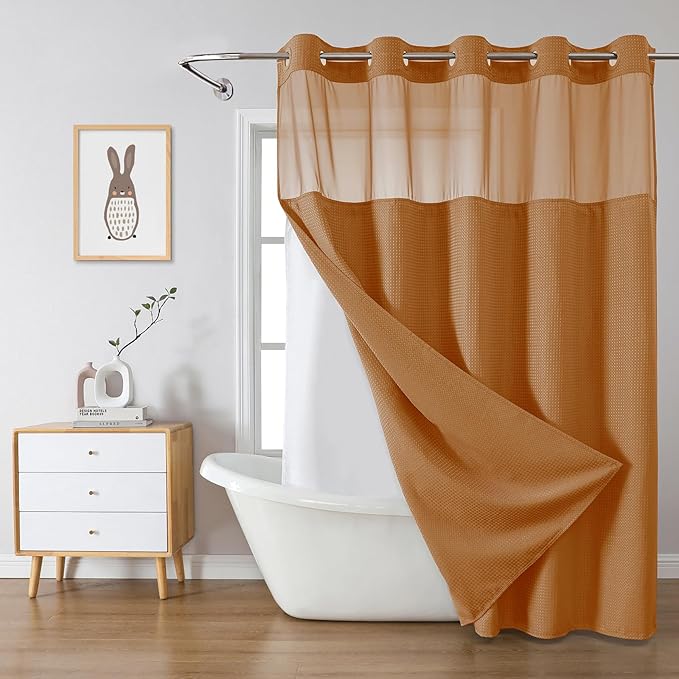 eachope BurntOrange No Hook Waffle Weave Shower Curtain with snap-in Liner Replacement, 230GSM Waterproof Fabric Hotel Shower Curtain Set for Bathroom, Through Mesh Top Window,71Wx74H