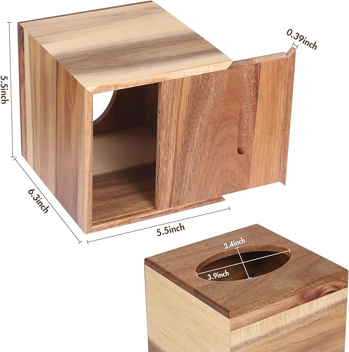 Reviaras Tissue Box Cover, Acacia Wood Square Tissue Box Holder with Slide-Out Bottom for Bathroom, Bedroom, Dinner Table, Office