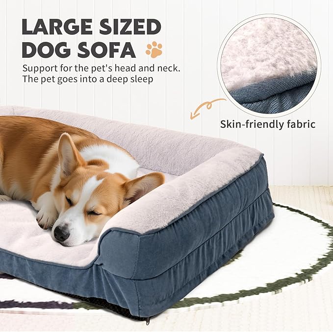 Dog Bed Waterproof Medium/Large Sized XL Foam Pet Beds Removable Washable Cover Dog Sofa Egg Crate Foam Support with Zipper Bottom Bolster Deluxe Plush Mat (Blue + White+33x25x7.8in)