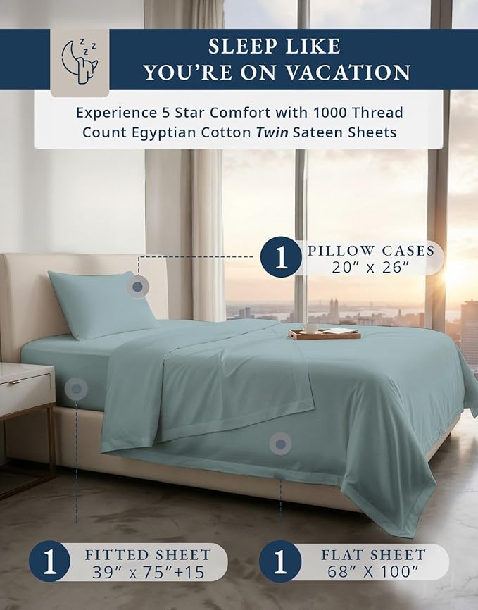 LANE LINEN Luxury Hotel Style 100% Egyptian Cotton Twin Sheets - 1000 Thread Count, Mercerized Cotton, No Pill Fade Resistant Sustainably Produced Twin Bedding Sheets & Pillowcases- French Blue