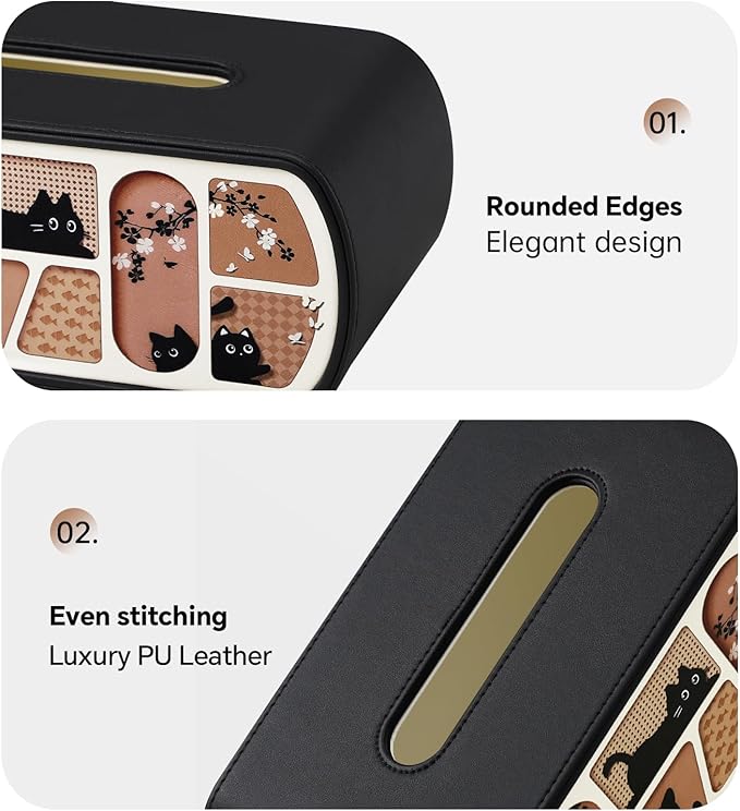 MEIBOOCH Cat-Themed Tissue Box Cover Rectangle, Stylish Tissue Holder for up to 4 Inches High Boxes, Curved Edge Tissue Box Holder (Black)