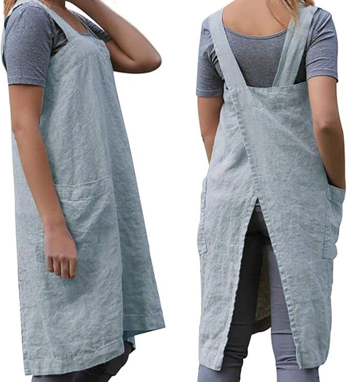 Women's Practical Cross Back Pinafore Apron with Large Pockets Home Kitchen,Restaurant,Coffee house,Cooking Gardening Works