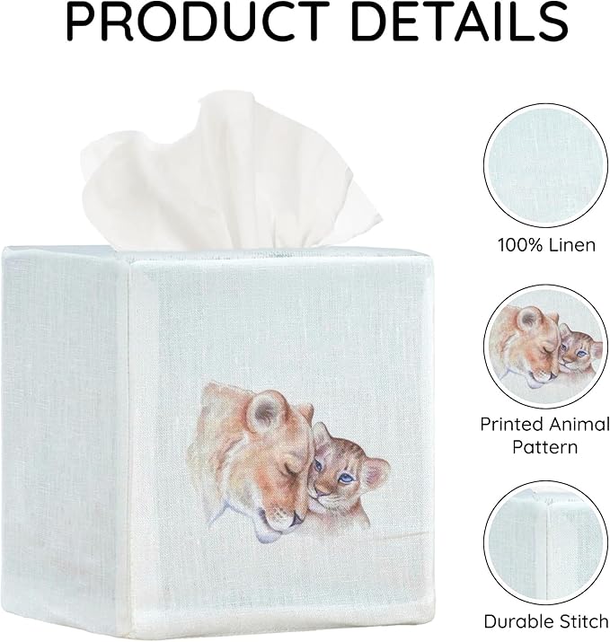 EmbroideryLinen.VN Tissue Box Cover Set of 2, Square Linen Tissue Holder, Printed Animal Pattern, 4.5x4.5x5.5 Inches, Decorative Holder for Bathroom, Living Room, Office (Lion Love)