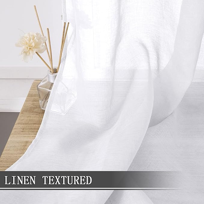 Tollpiz Short Sheer Curtain Linen Textured Bedroom Curtains Sheer Light Filtering Rod Pocket Voile Curtain for Living Room, 54 x 54 inches Long, White, Set of 2 Panels