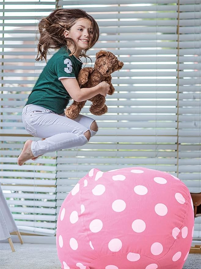 WEKAPO Stuffed Animal Storage Bean Bag Chair Cover for Kids | Stuffable Zipper Beanbag for Organizing Children Plush Toys Large Premium Cotton Canvas (Pink Dot, XX-Large)