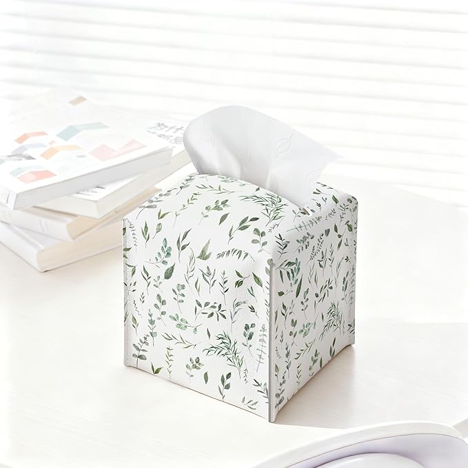 Sage Green Tissue Box Holder, Modern Leather Tissue Box Cover Square with Bottom Belt, Paper Napkins Everyday Dispenser Accessories for Bathroom Night Stands Kitchen Office Car Home Decor