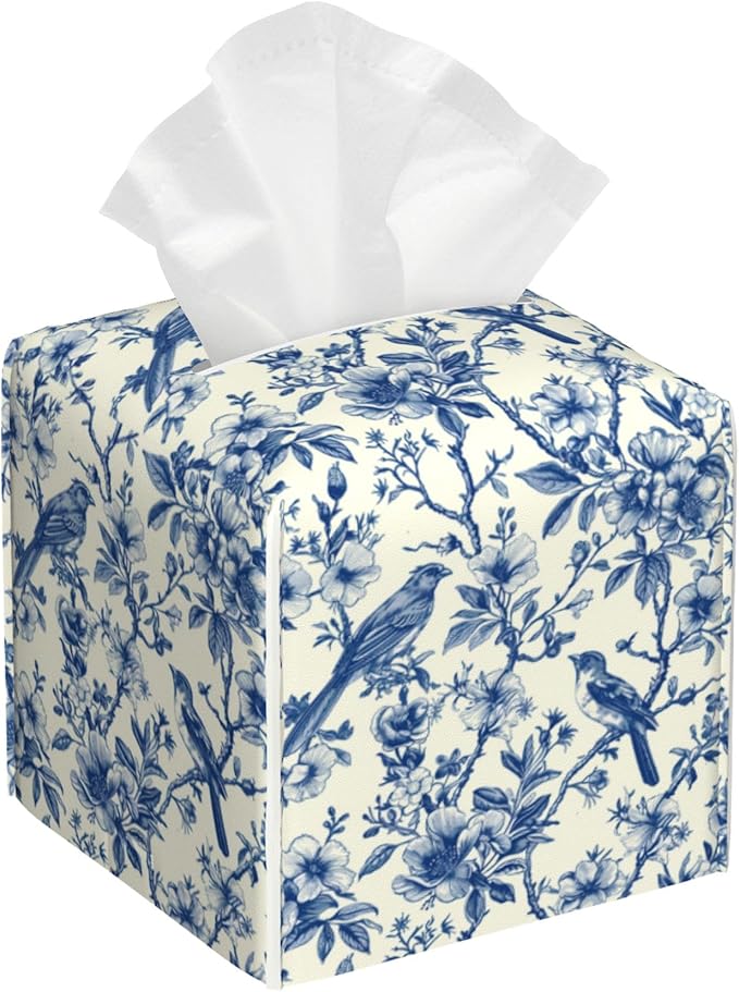 BLYKVGHQ Bird on Blooming Branches Tissue Box Cover Square, Blue Flower Tissue Box Holder with Bottom Belt Leather Facial Paper Organizer Dispenser for Bathroom Bedroom Dresser Night Stand Tabletop