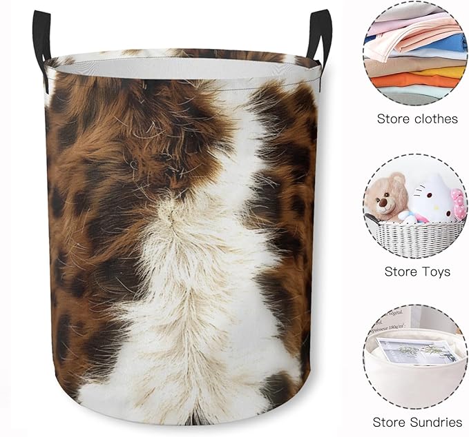 Laundry Basket Brown Cow Print Collapsible Laundry Hamper with Handles Clothes Storage Bin for Household Bedroom Bathroom College Dorms