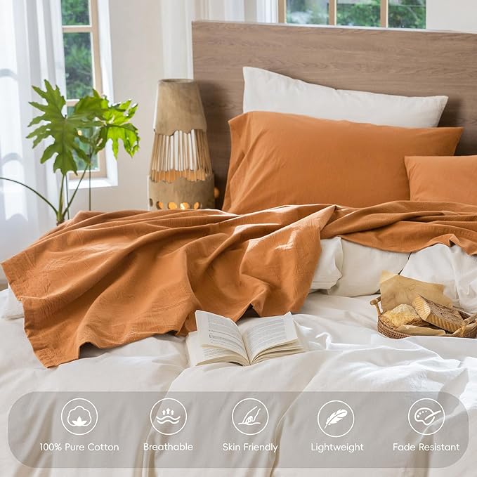 MooMee Bedding Sheet Set 100% Washed Cotton Linen Like Textured Breathable Durable Soft Comfy (Solid Burnt Orange, Full)