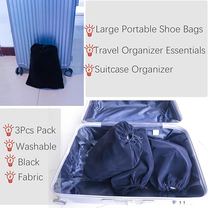 JACUXLSS Large Shoe Bags for Travel Storage, Black Flocking Fabric Organizer for Luggage Suitcase and Shoe Rack, Portable Dust Proof Drawstring Essentials for Men Women GYM Packing