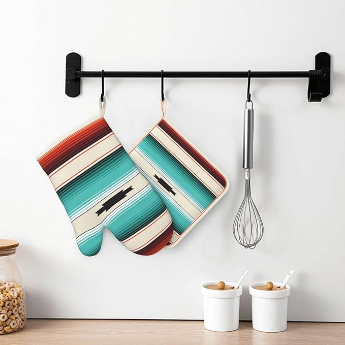 Mexican Serape Turquoise Oven Mitts Pot Holders Set Silicone Boho Ethnic Striped Kitchen Oven Mitts Heat Resistant Potholders Non-Slip 4pcs Hot Pads and Oven Gloves Sets for Cooking,Grilling