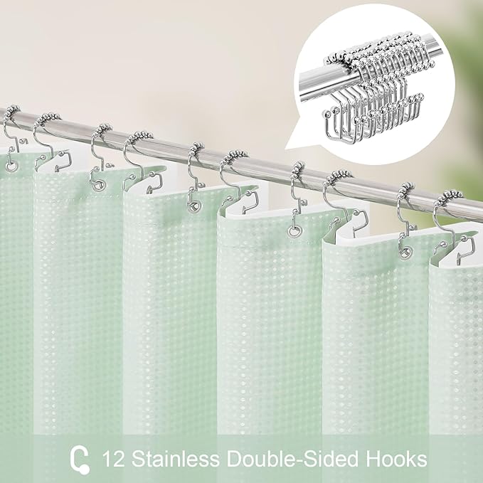Craidlela 3 in 1 Long Mint Green Shower Curtain Set-72 W x 78 H, Modern Waffle and PEVA Liner Set with 12 Stainless Steel Hooks, Waterproof Fabric for Bathroom