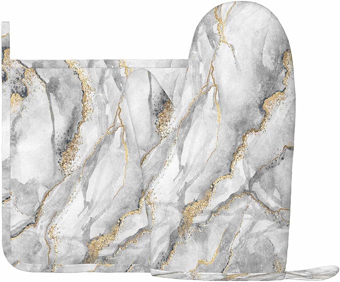 Mxocom White Marble Oven Mitt and Pot Holder with Silicone Fashion Marbling Granite Stone Gold Black Gray Heat Resistant Kitchen for Cooking BBQ Baking Grilling Spring/Summer