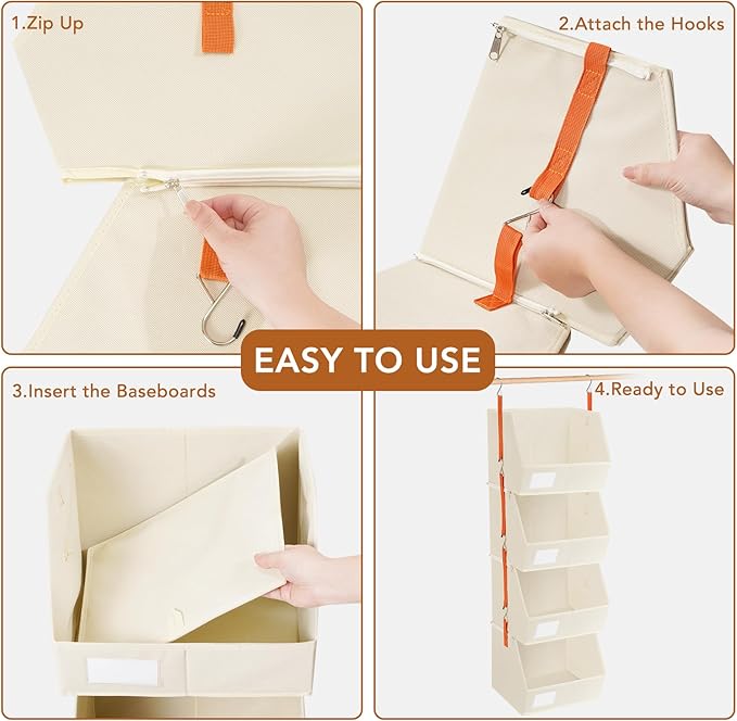 Baesyhom 4 Pcs Modular Closet Organizer - Detachable & Foldable Hanging Storage Cubes, 88L Total Capacity, Heavy Duty Fabric Shelves for Wardrobe, Closet Organization, RV, Dorm, Beige
