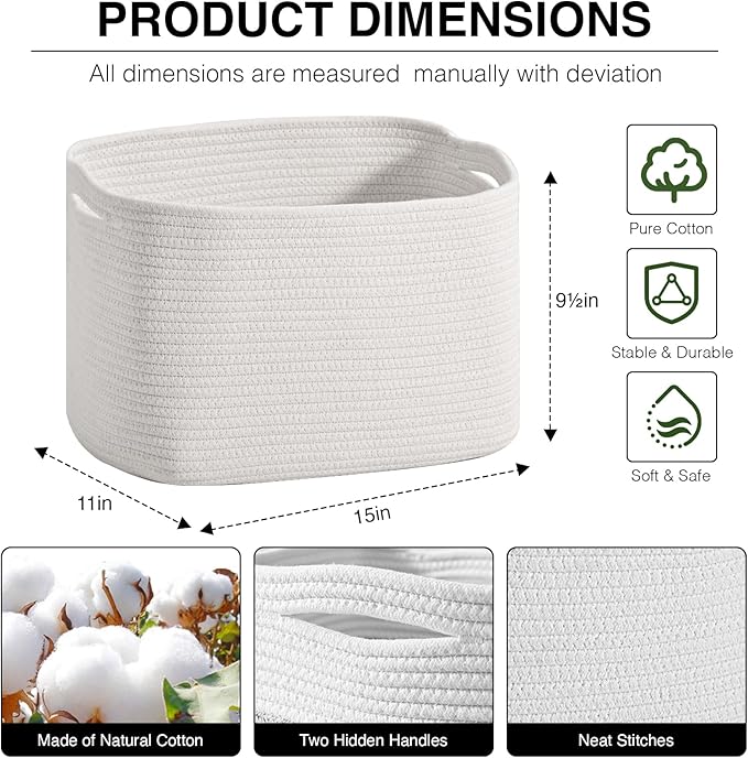 ICERZCZ Woven Cotton Rope Storage Basket for Organizing, Cute Decorative Baskets for Gifts Empty, Organizer Bins for Dog Toy, Baby Laundry, 15“×11”×9.5“, Off White