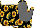 Mxocom Sunflowers Oven Mitts and Pot Holders Sets Flowers, Buds and Leaves on Black Background Silicone Heat Resistant Kitchen Oven Gloves Pot Holder for Cooking