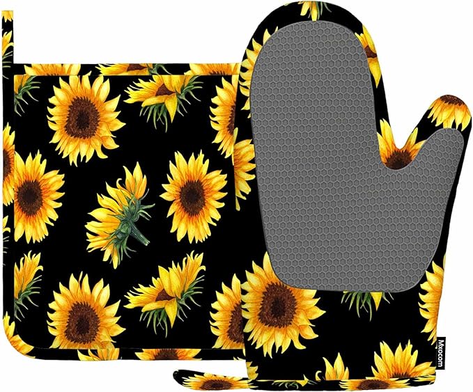 Mxocom Sunflowers Oven Mitts and Pot Holders Sets Flowers, Buds and Leaves on Black Background Silicone Heat Resistant Kitchen Oven Gloves Pot Holder for Cooking