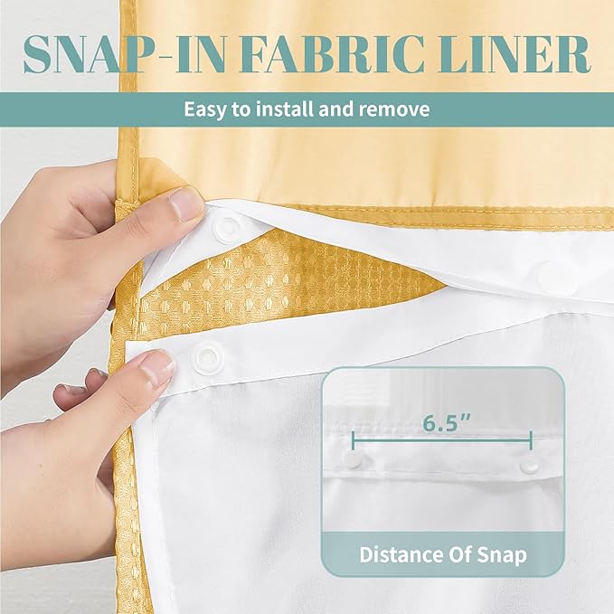 eachope Gold No Hook Waffle Weave Shower Curtain with snap-in Liner Replacement, 230GSM Waterproof Fabric Hotel Shower Curtain Set for Bathroom, Through Mesh Top Window,71Wx86H