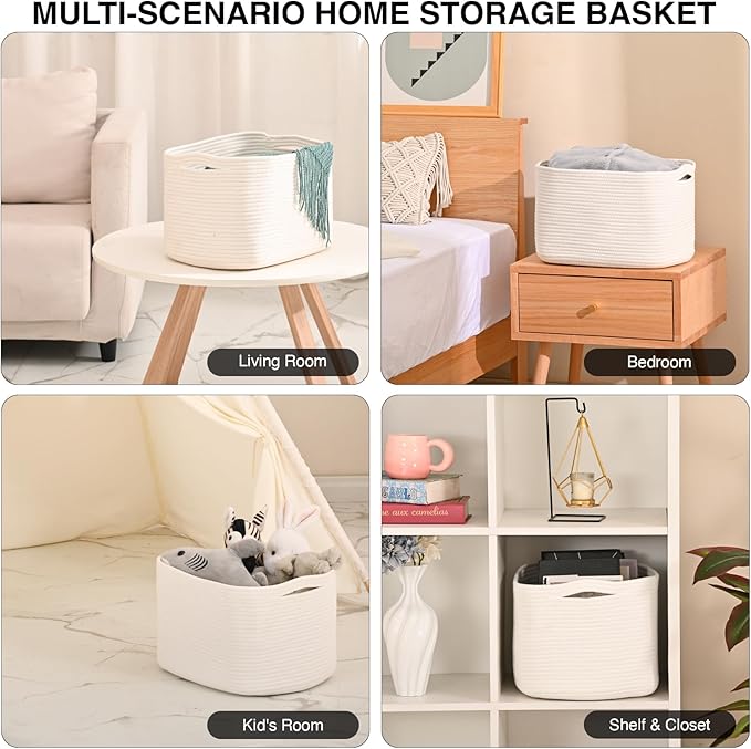ICERZCZ Woven Cotton Rope Storage Basket for Organizing, Cute Decorative Baskets for Gifts Empty, Organizer Bins for Dog Toy, Baby Laundry, 15“×11”×9.5“, Off White