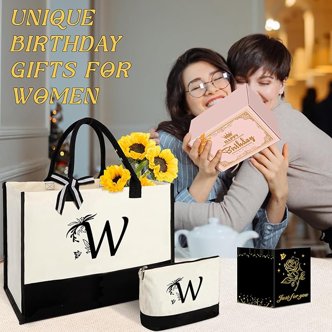 Personalized Gifts for Women - Initial Canvas Tote Bag & Makeup Bag, Custom Bags for Beach, Christmas, Wedding, Birthday, Holiday, Monogram Birthday Gifts for Women, Mom, Wife, Teacher, Friend - W