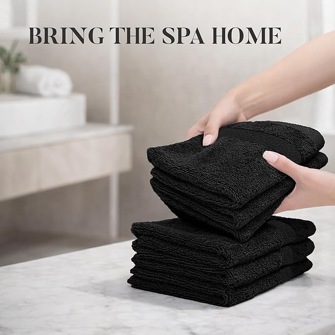 RIVERSIDE 12 Pack Premium 100% Cotton Face Wash Cloths, 12 x 12 Inches, Soft & Absorbent Face Towels for Bathroom Wash Clothes, 550 GSM, Luxury WashCloths for Showering, Body, Spa & Gym, Black
