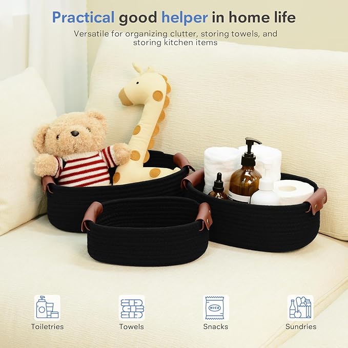 ECDYQXVU 5 Piece Storage Baskets Small Woven Basket with Detachable Leather Handle, Cotton Rope Shelf Baskets for Closet Organizers, Different Sizes Basket Decor, Black