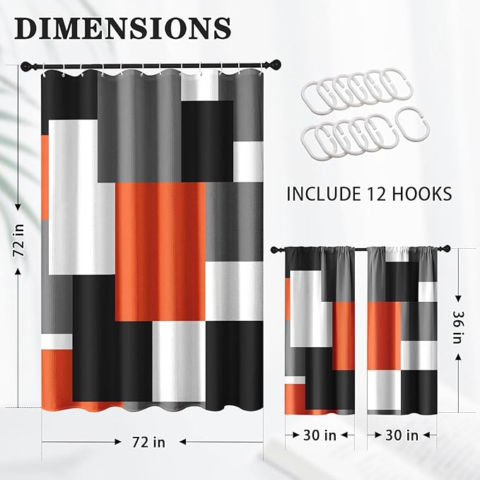 Culudea Geometric Orange White Shower Curtain Set, Black and Gray Modern Bathroom Window Waterproof Shower Curtain Set for Bathroom Decor