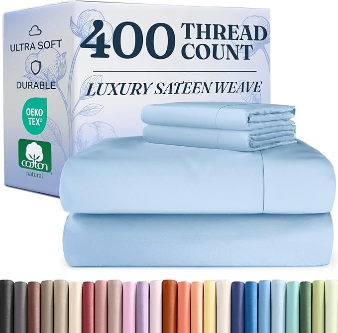 400 Thread Count Cotton Sheet Set - Full Size 100% Cotton Sheets - Easily Fits 8" to 16" Mattress - Silky-Soft, Wrinkle Free, Breathable & Comfy - Deep Pockets & Hotel Quality Bedding Set - Light Blue