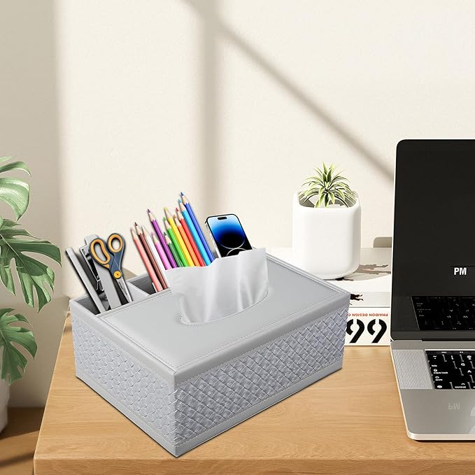 XNONE Tissue Box Cover Rectangle White Kleenex Box Holder PU Leather Facial Tissue Organizer,Multifunctional Remote Control Stationery Storage Box,Home Office Supplies Car Napkin Caddy