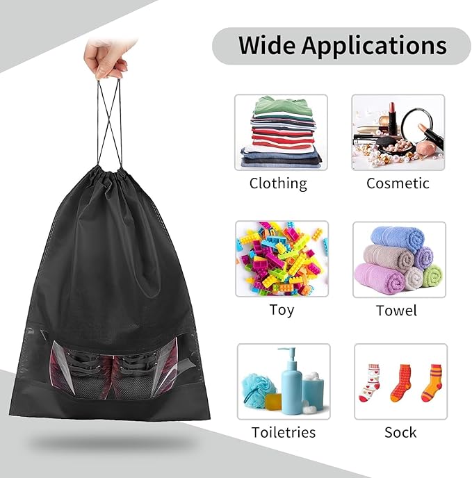20 Pack Shoe Bags for Travel, Large Travel Shoe Bags for Packing with Clear Window, Dustproof Drawstring Travel Shoe Storage Bags Travel Essentials for Men & Women, Black (20, Black)