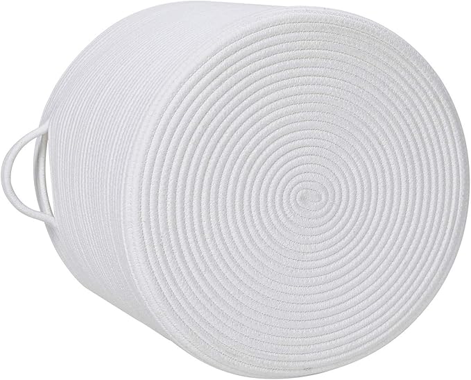 Cottonphant 16" x 16" x 13" Medium Storage Basket with Lid, Cotton Rope Storage Baskets, Laundry Hamper, Cloth Bin, for Clothes Blankets Pillows Storage in Living Room, Full White with Cover
