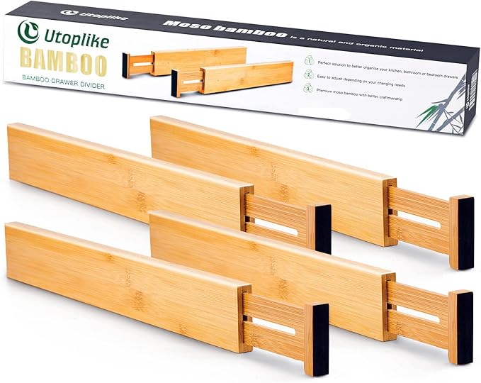 Utoplike 4 pcs Bamboo Kitchen Drawer Dividers Large, Adjustable Drawer Organizers, Spring Loaded, Works in Kitchen, Dresser, Bathroom, Bedroom, Drawer, Desk