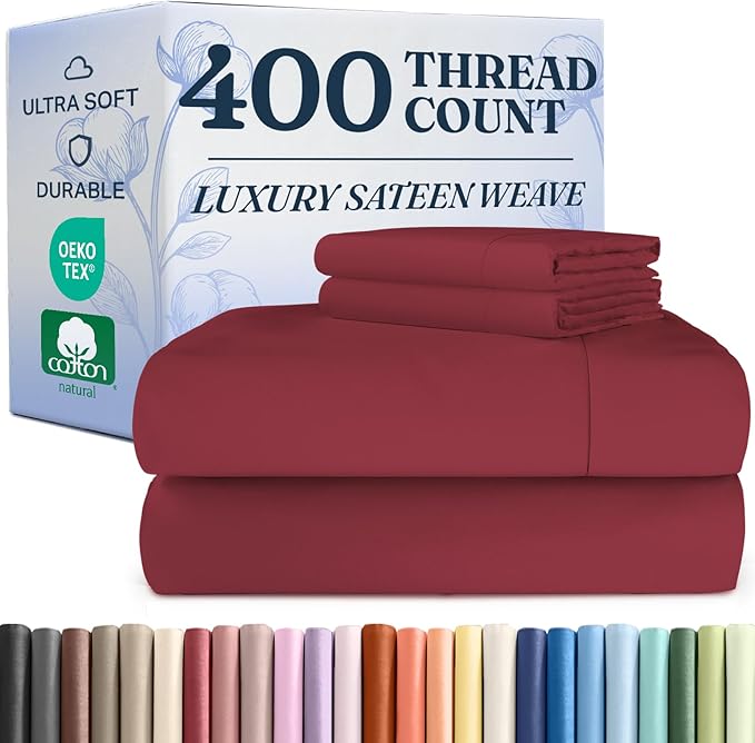 400 Thread Count Cotton Sheet Set - King Size 100% Cotton Sheets - Easily Fits 8" to 16" Mattress - Silky-Soft, Wrinkle Free, Breathable & Comfy - Deep Pockets & Hotel Quality Bedding Set - Burgundy