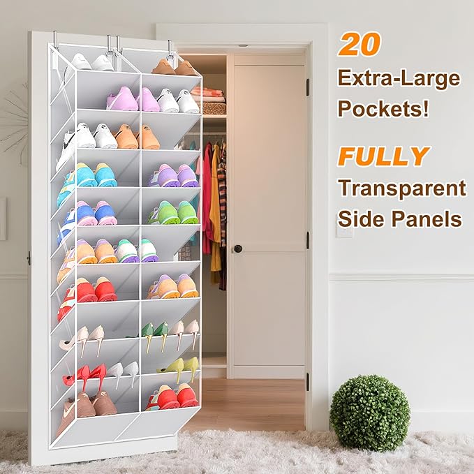 UVIAHOMI 30 Pairs Over the Door Shoe Organizer, Clear Pockets Hanging Shoe Storage for Closet, 10-Tier Door Shoes Rack Storage Fit All the Family's Sneakers, Boots, Heels, Light Grey