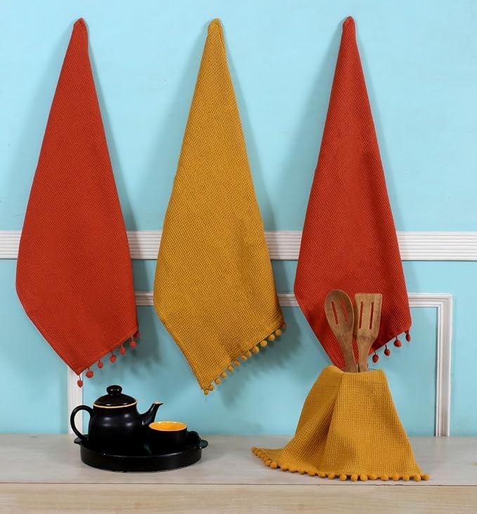 ACCENTHOME 100% Cotton Waffle Weave Kitchen Towel Set of 4 Super Soft Absorbent Tea Towels | Durable Cleaning Dish Cloths & Quick Drying Dishes Rags 18x26 inches in Rust/Mustard Color