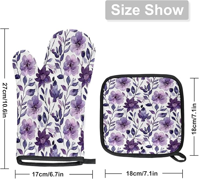 Flower Oven Mitts and Pot Holders Sets, 2 Pcs Purple Floral Decorative Kitchen Oven Glove for Cooking