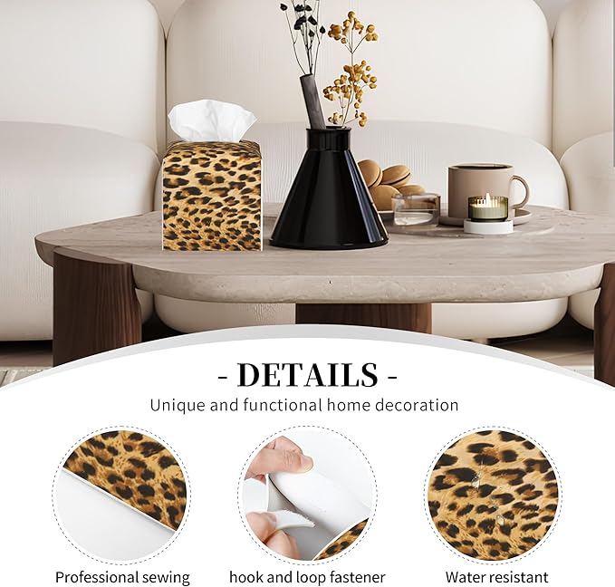 POIUBLE Tissue Box Holder Leopard Cheetah Animal Skin Tissue Box Cover Square Leather Tissue Holder Organizer Portable Decorative Facial Paper Case for Home Office Bathroom Vanity Countertop
