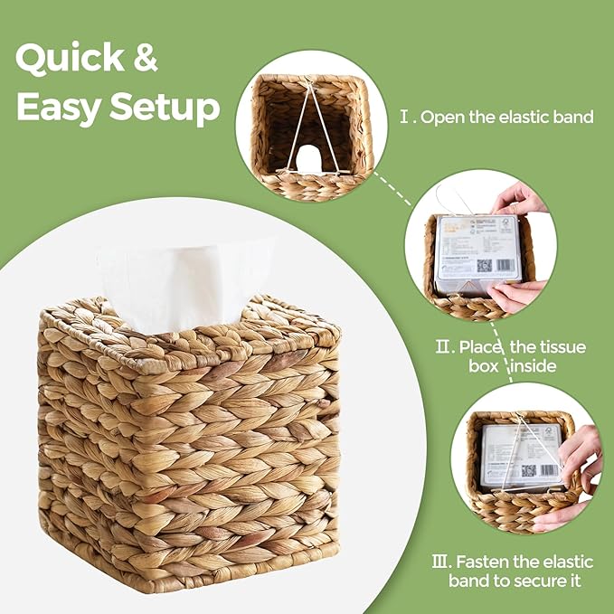 2 Pack Rattan Tissue Box Cover Square, Wicker Tissue Box Holder Facial Tissues Boxes, Hand Woven Square Tissue Box Cover Tissue Holder for Bathroom, Natural
