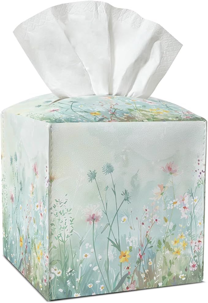 Watercolor Flowers Tissue Box Covers Square, Leather Tissue Box Holders Decorative for Car Nightstand Home Office Bathroom Organizer, Square Facial Paper Organizer Home Decor -010