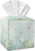 Watercolor Flowers Tissue Box Covers Square, Leather Tissue Box Holders Decorative for Car Nightstand Home Office Bathroom Organizer, Square Facial Paper Organizer Home Decor -010