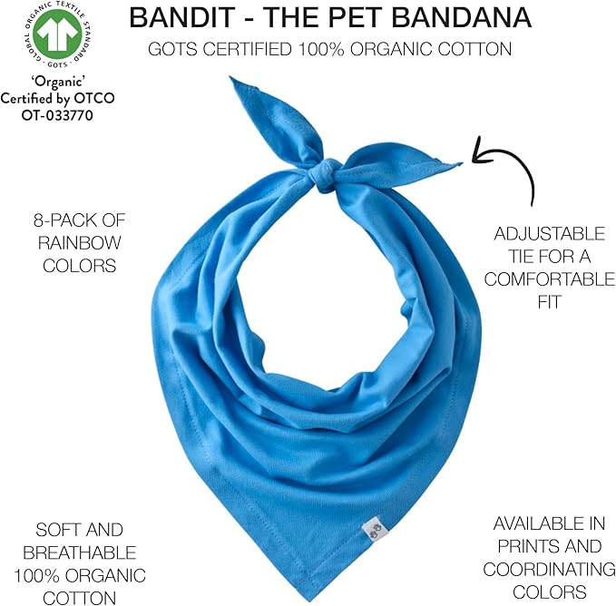 Pet Passion Bandit - The PET Bandana, 8 Pack 100% Organic Cotton Pet Bandanas Clothes for Small, Medium, Large Dogs, Rainbow Blue, X-Small/Small