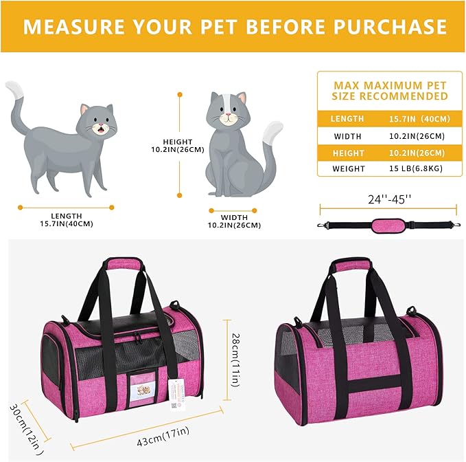 SECLATO Cat Carrier for Cats Small Dogs, Kitten,Puppy Pet Carrier for Small Medium Cats Under 15lb, Collapsible Soft Sided TSA Approved Travel Carrier, Red