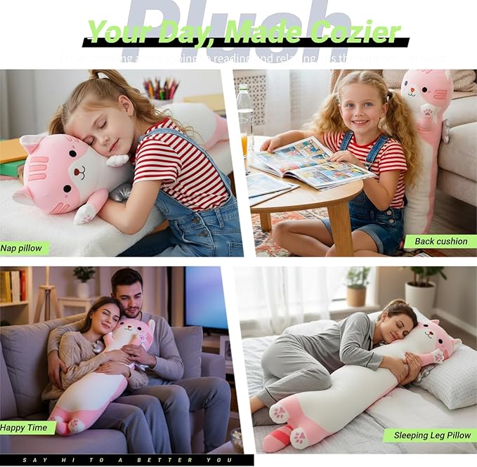 Long Cat Plush Pillow, Cute Cat Stuffed Animal Body Pillow with Wings, Soft Kawaii Kitty Hugging Pillow, Christmas Valentine's Birthday Gift for Kids Girls Boys (Pink, 110cm/43.31in)
