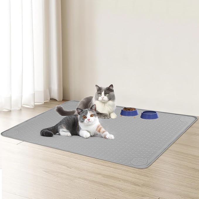 Bartuke Cat Food Mat, 34" x 22" Large Silicone Pet Feeding Mat for Food and Water Bowls Non-Slip, Easy to Clean (Light Grey)