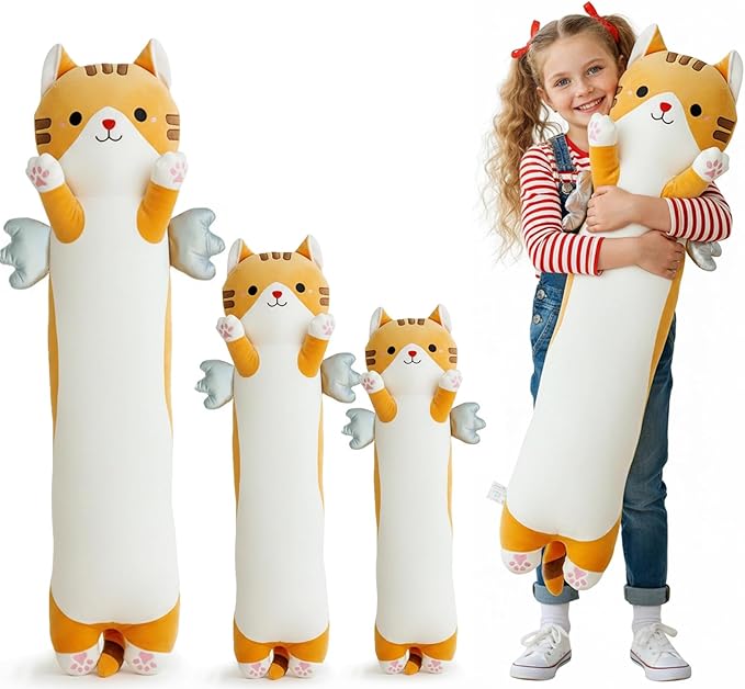 Long Cat Plush Pillow, Cute Cat Stuffed Animal Body Pillow with Wings, Soft Kawaii Kitty Hugging Pillow, Christmas Valentine's Birthday Gift for Kids Girls Boys (Yellow, 90cm/35.43in)
