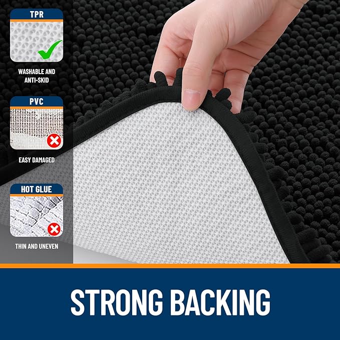 OLANLY Bathroom Rugs 35x24, Extra Soft Absorbent Chenille Bath Rugs, Rubber Backing Quick Dry, Machine Washable Bath Mats for Bathroom Floor, Tub and Shower, Home Decor Accessories, Black