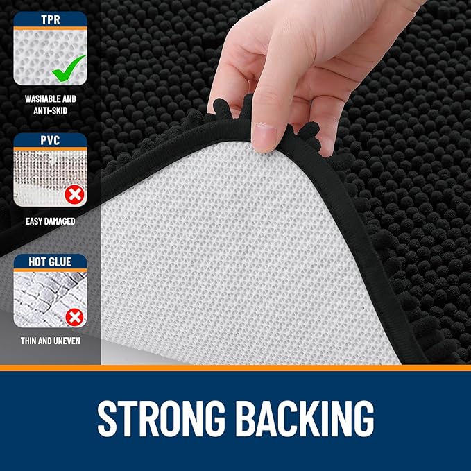 OLANLY Bathroom Rugs 44x24, Extra Soft Absorbent Chenille Bath Rugs, Rubber Backing Quick Dry, Machine Washable Bath Mats for Bathroom Floor, Tub and Shower, Home Decor Accessories, Black