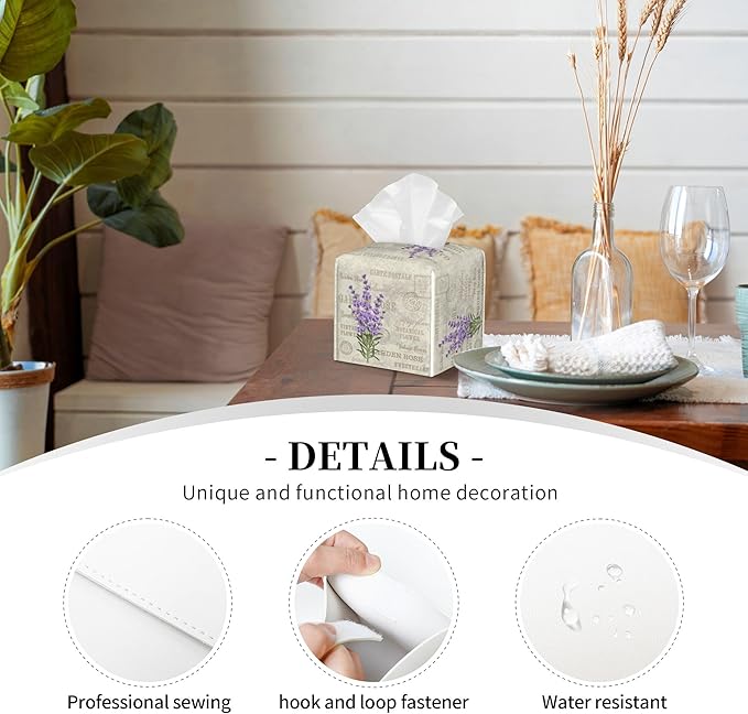 POIUBLE Leather Tissue Box Holder Lavender Flowers Tissue Box Cover Square Waterproof Tissue Holder Organizer Modern Napkin Holder for Bedroom Dresser Night Stand Office Desk